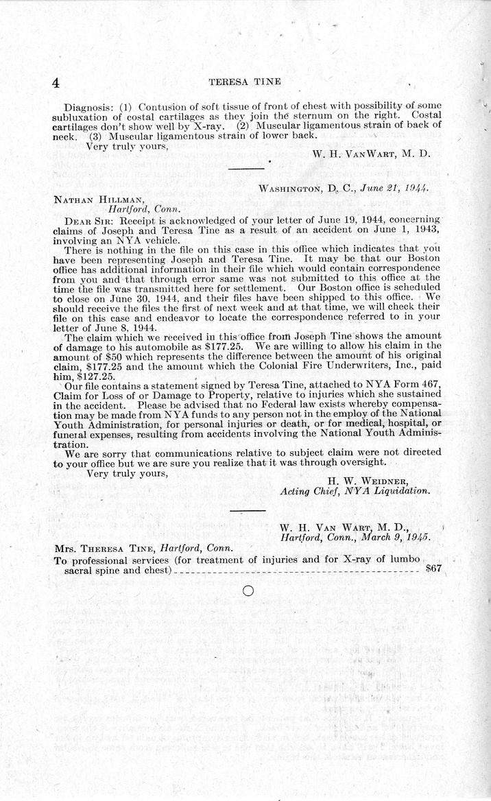 Memorandum from Frederick J. Bailey to M. C. Latta, H.R. 2163, for the Relief of Teresa Tine, with Attachments