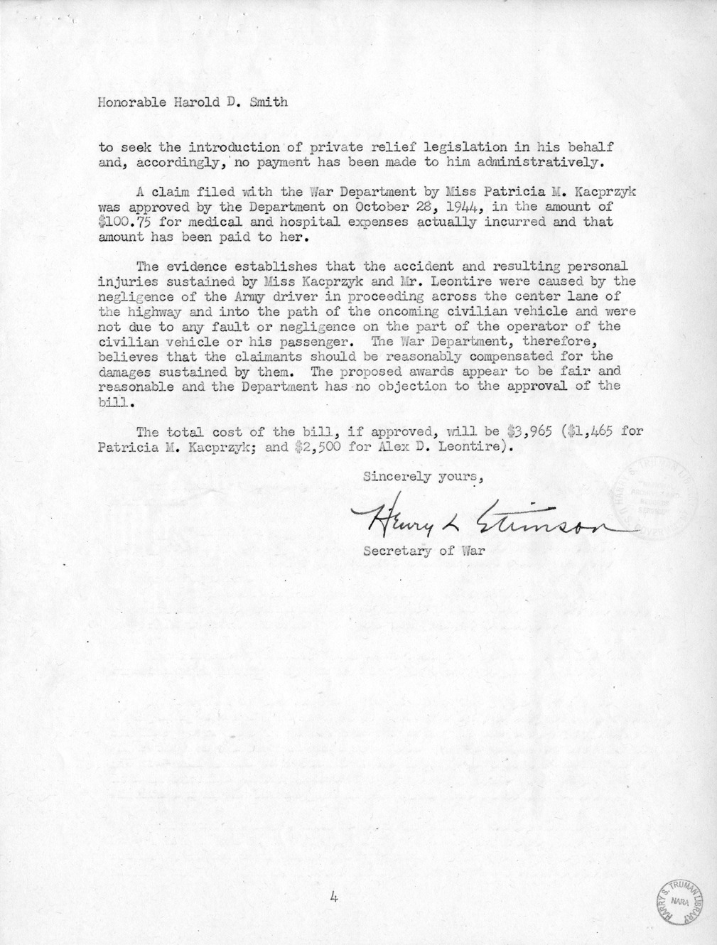 Memorandum from Frederick J. Bailey to M. C. Latta, H.R. 2511, For the Relief of Patricia M. Kacprzyk and Alex D. Leontire, with Attachments