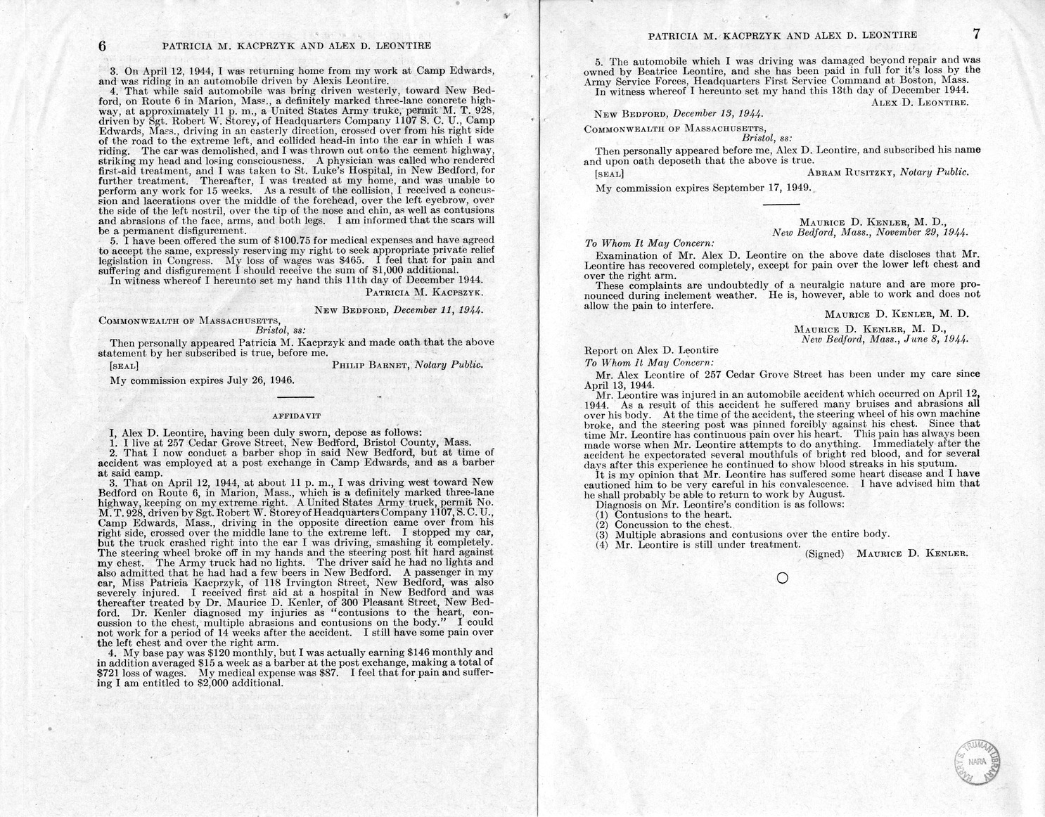 Memorandum from Frederick J. Bailey to M. C. Latta, H.R. 2511, For the Relief of Patricia M. Kacprzyk and Alex D. Leontire, with Attachments