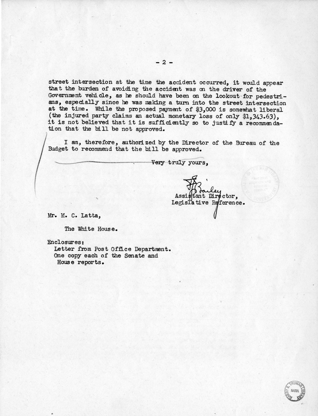 Memorandum from Frederick J. Bailey to M. C. Latta, H.R. 2641, For the Relief of Frank Gien, with Attachments