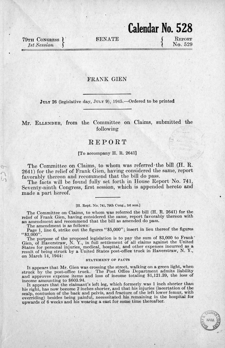 Memorandum from Frederick J. Bailey to M. C. Latta, H.R. 2641, For the Relief of Frank Gien, with Attachments