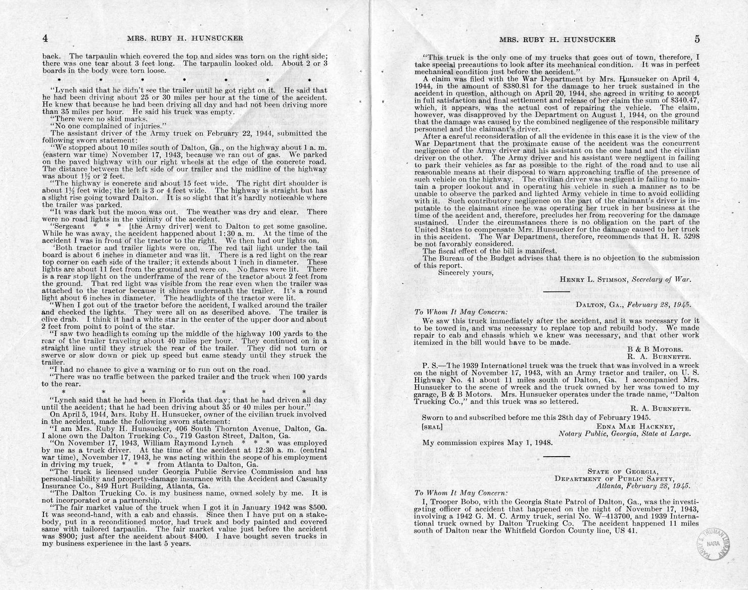 Memorandum from Frederick J. Bailey to M. C. Latta, H.R. 241, For the Relief of Mrs. Ruby H. Hunsucker, with Attachments