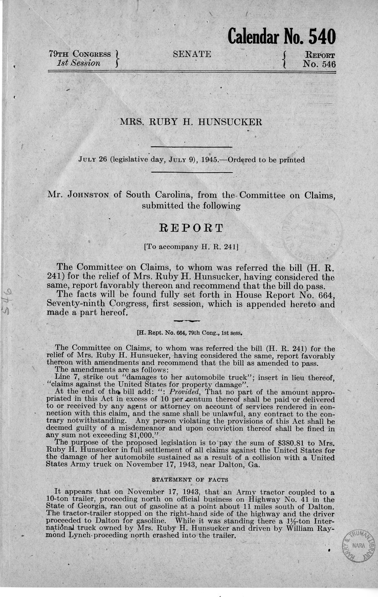 Memorandum from Frederick J. Bailey to M. C. Latta, H.R. 241, For the Relief of Mrs. Ruby H. Hunsucker, with Attachments