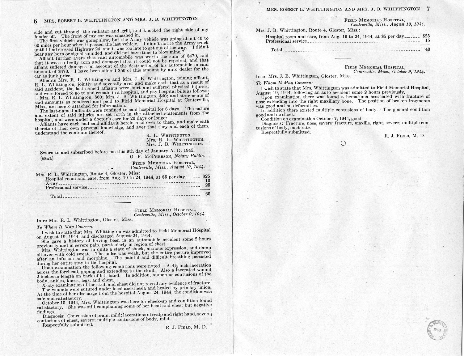 Memorandum from Frederick J. Bailey to M. C. Latta, H.R. 1882, For the Relief of R. L. Whittington, Mrs. R. L. Whittington, and Mrs. J. B. Whittington, with Attachments