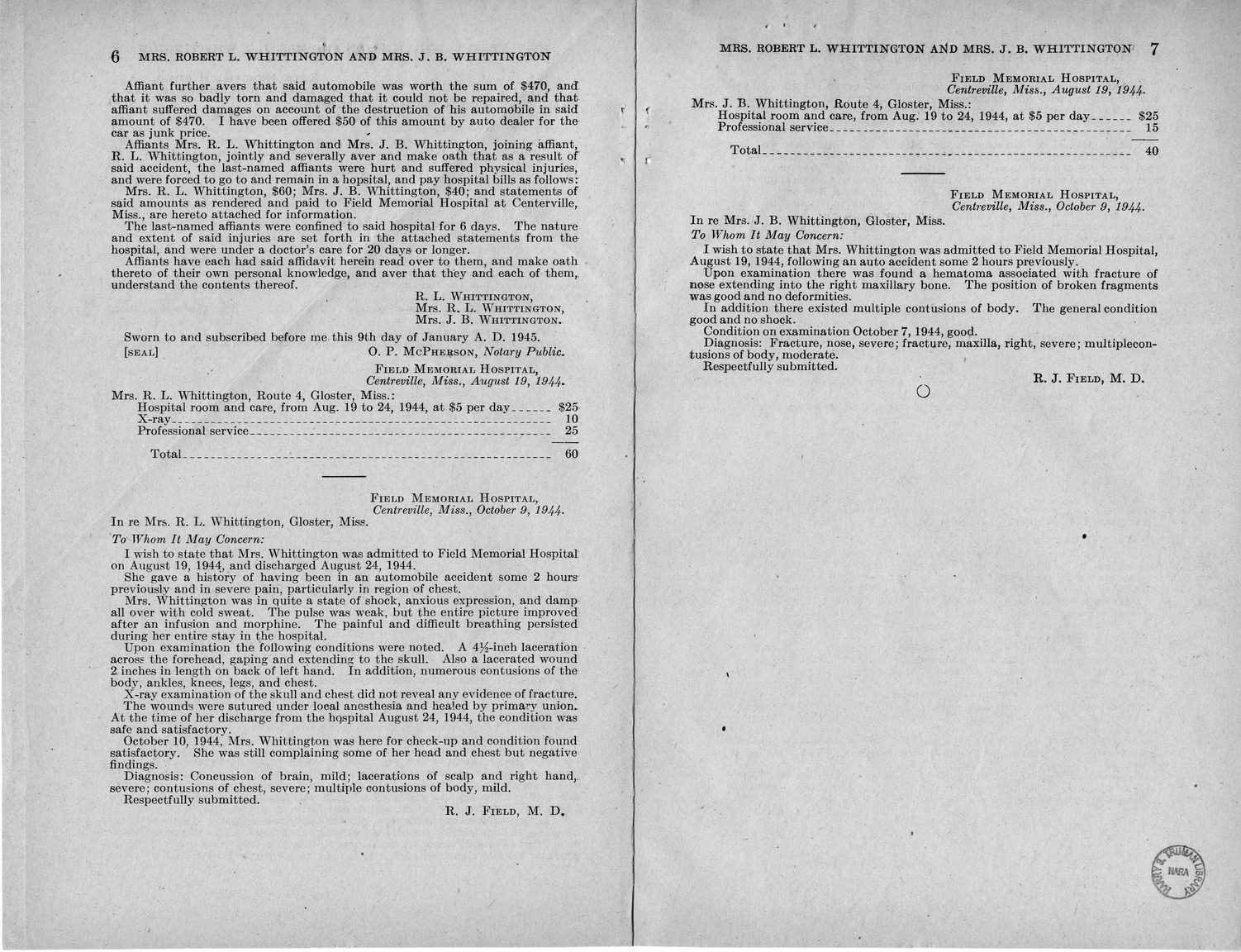 Memorandum from Frederick J. Bailey to M. C. Latta, H.R. 1882, For the Relief of R. L. Whittington, Mrs. R. L. Whittington, and Mrs. J. B. Whittington, with Attachments