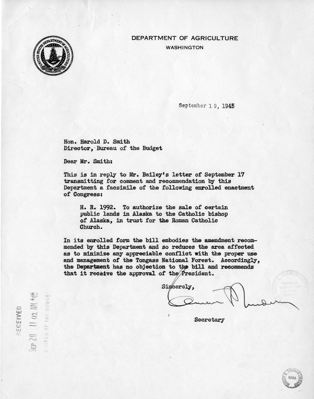 Memorandum from Frederick J. Bailey to M. C. Latta, H.R. 1992, To Authorize the Sale of Certain Public Lands in Alaska to the Catholic Bishop of Alaska, in Trust for the Roman Catholic Church, with Attachments
