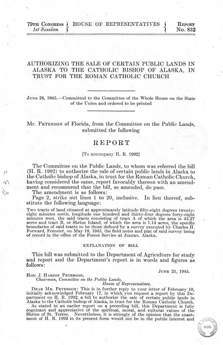 Memorandum from Frederick J. Bailey to M. C. Latta, H.R. 1992, To Authorize the Sale of Certain Public Lands in Alaska to the Catholic Bishop of Alaska, in Trust for the Roman Catholic Church, with Attachments