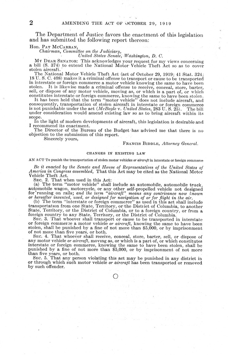 Memorandum from Frederick J. Bailey to M. C. Latta, S. 374, to Amend an Act to Punish the Transportation of Stolen Motor Vehicles in Interstate or Foreign Commerce, with Attachments