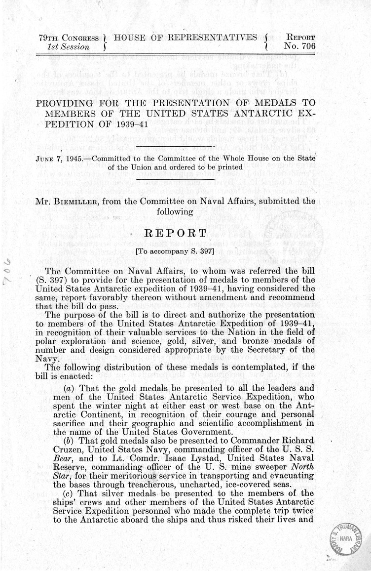 Memorandum from Frederick J. Bailey to M. C. Latta, S. 397, to Provide for the Presentation of Medals to Members of the United States Antarctic Expedition of 1939-1941, with Attachments