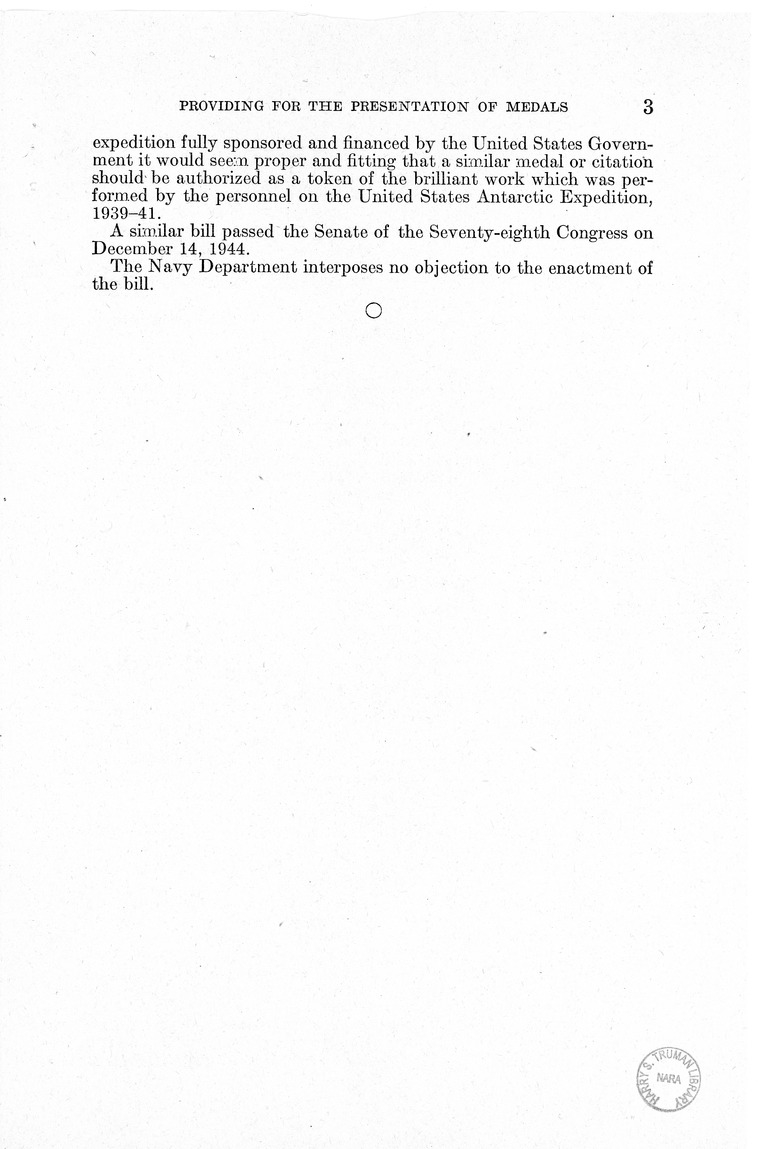 Memorandum from Frederick J. Bailey to M. C. Latta, S. 397, to Provide for the Presentation of Medals to Members of the United States Antarctic Expedition of 1939-1941, with Attachments