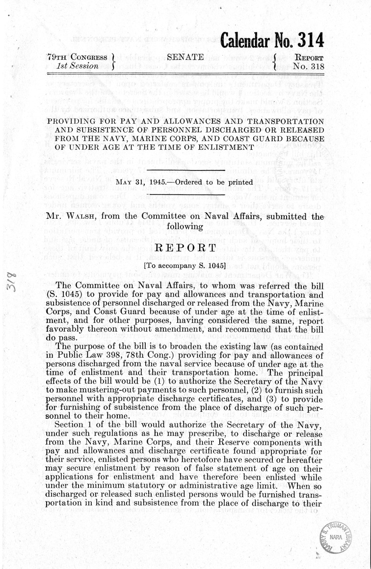 Memorandum from Frederick J. Bailey to M. C. Latta, S. 1045, to Provide for Pay and Allowances and Transportation and Subsistence of Personnel Discharged or Released from the Navy, Marine Corps, and Coast Guard Because of Under Age at the Time of Enlistme