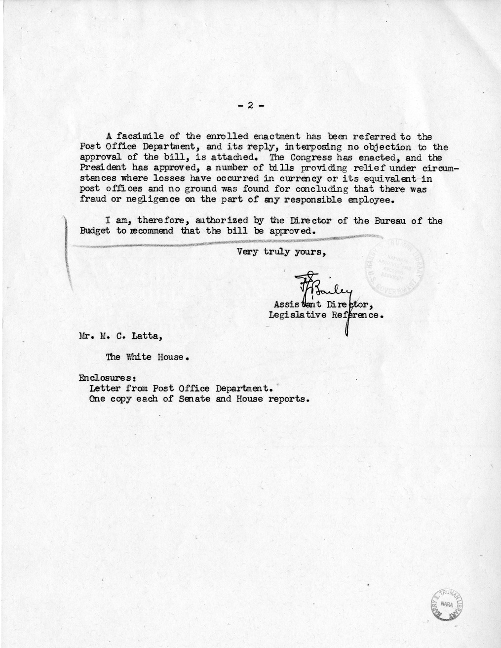 Memorandum from Frederick J. Bailey to M. C. Latta, H.R. 1456, for the Relief of George E. Baker, with Attachments