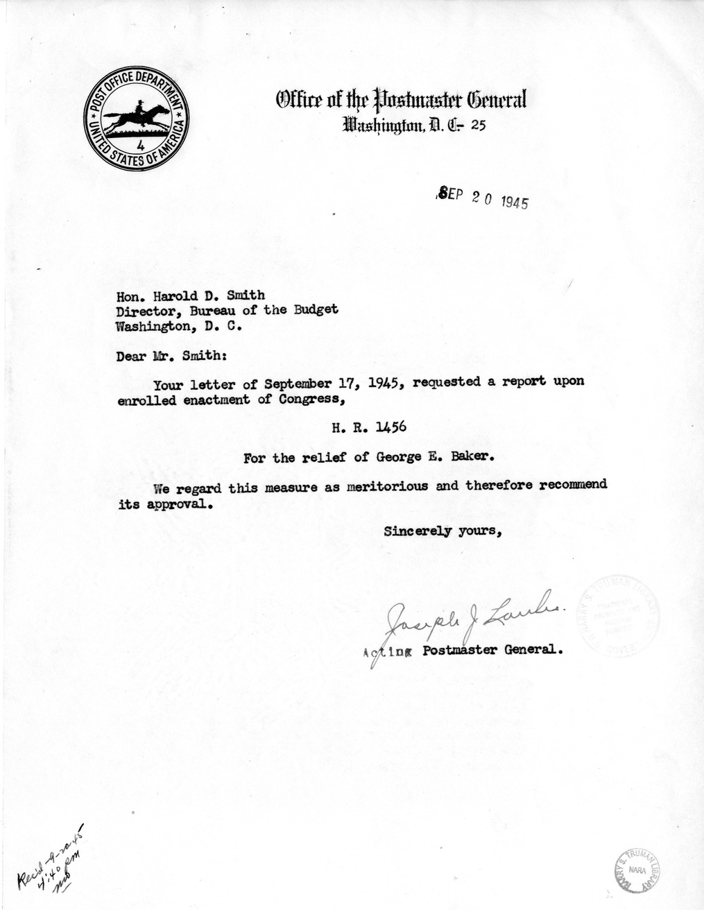 Memorandum from Frederick J. Bailey to M. C. Latta, H.R. 1456, for the Relief of George E. Baker, with Attachments
