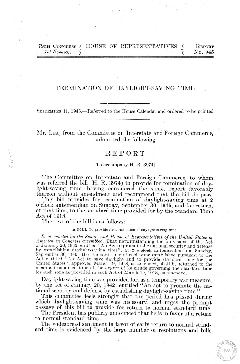 Memorandum from Paul Appleby to M. C. Latta, H.R. 3974, to Provide for the Termination of Daylight Saving Time, with Attachments