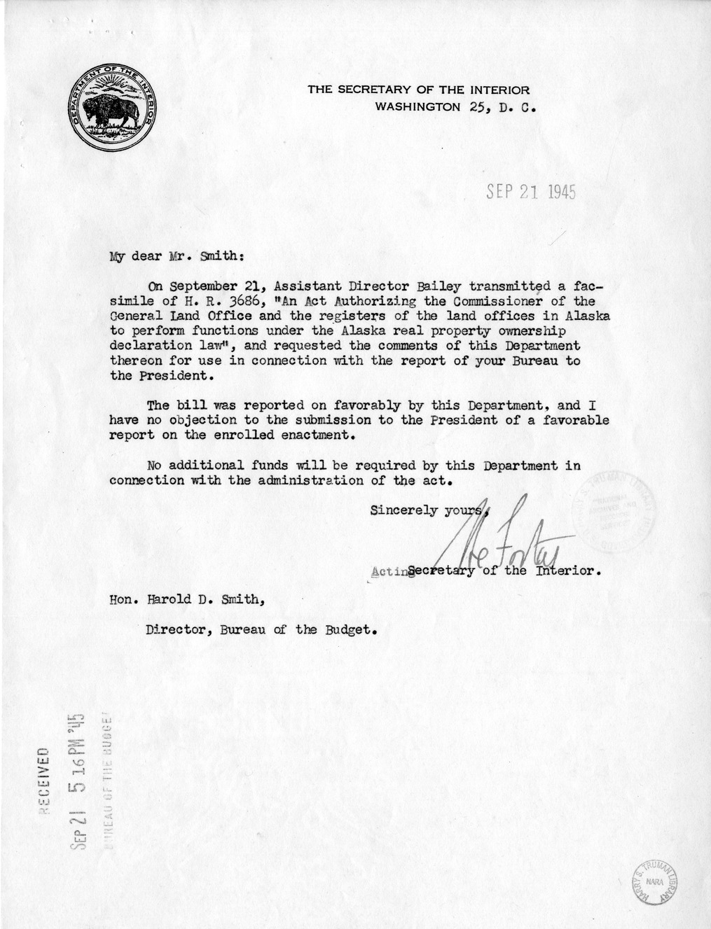 Memorandum from Frederick J. Bailey to M. C. Latta, H.R. 3686, To Authorize the Commissioner of the General Land Office and the Registers of the Land Offices in Alaska to Perform Functions Under the Alaska Real Property Ownership Declaration Law, with Att