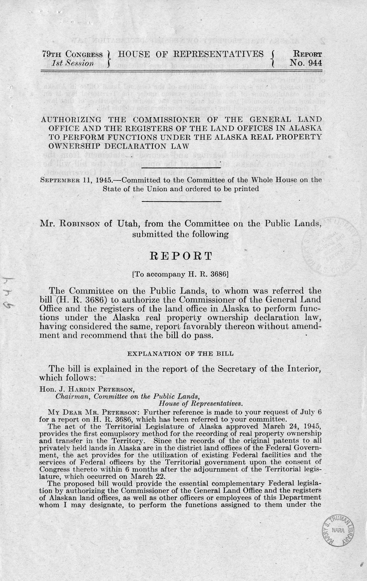 Memorandum from Frederick J. Bailey to M. C. Latta, H.R. 3686, To Authorize the Commissioner of the General Land Office and the Registers of the Land Offices in Alaska to Perform Functions Under the Alaska Real Property Ownership Declaration Law, with Att