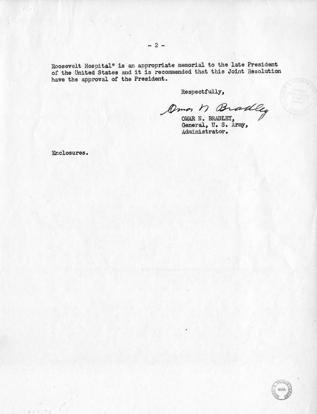 Memorandum from Frederick J. Bailey to M. C. Latta, S.J. Res. 78, To Provide for Designation of the Veterans' Administration Hospital at Crugers-on-Hudson, Near Peeksill, New York, as 'Franklin Delano Roosevelt Hospital', with Attachments