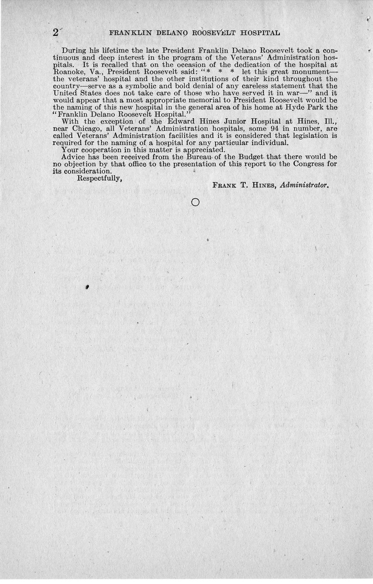 Memorandum from Frederick J. Bailey to M. C. Latta, S.J. Res. 78, To Provide for Designation of the Veterans' Administration Hospital at Crugers-on-Hudson, Near Peeksill, New York, as 'Franklin Delano Roosevelt Hospital', with Attachments