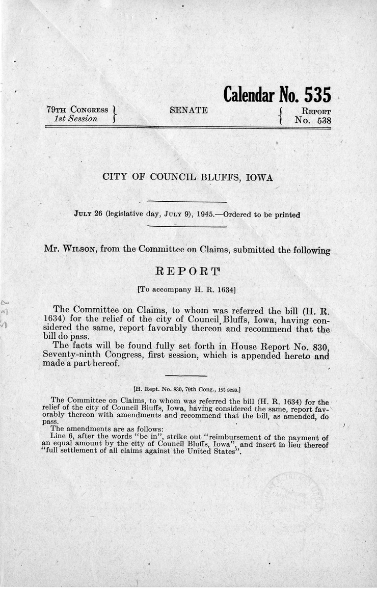 Memorandum from Harold D. Smith to M. C. Latta, H.R. 1634, for the Relief of the City of Council Bluffs, Iowa, with Attachments