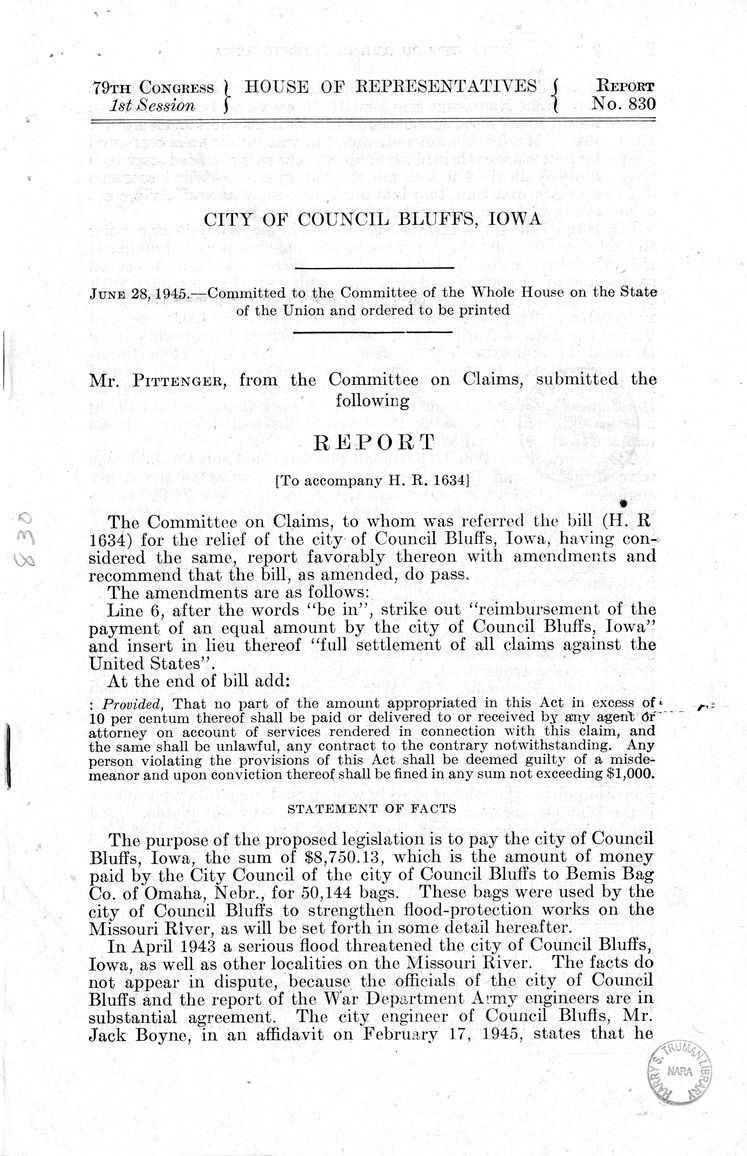 Memorandum from Harold D. Smith to M. C. Latta, H.R. 1634, for the Relief of the City of Council Bluffs, Iowa, with Attachments