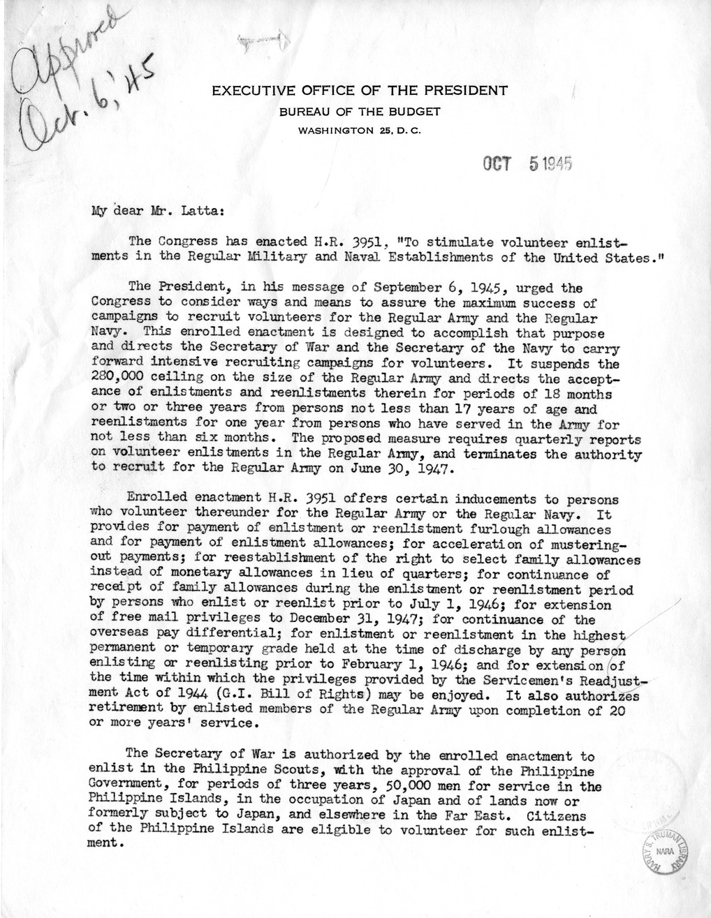 Memorandum from Harold D. Smith to M. C. Latta, H.R. 3951, To Stimulate Volunteer Enlistments in the Regular Military and Naval Establishments of the United States, with Attachments
