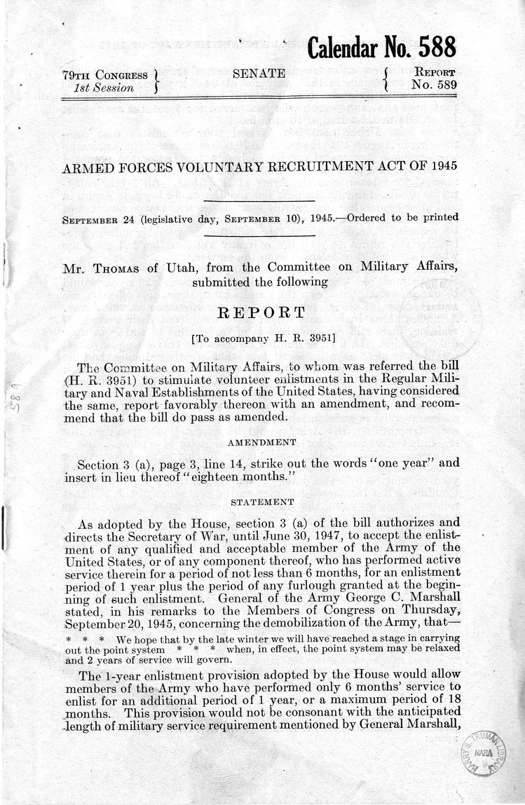 Memorandum from Harold D. Smith to M. C. Latta, H.R. 3951, To Stimulate Volunteer Enlistments in the Regular Military and Naval Establishments of the United States, with Attachments