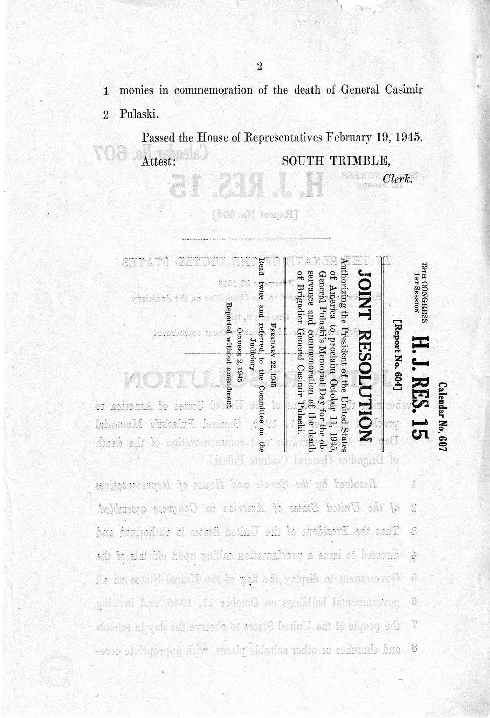 Memorandum from Frederick J. Bailey to M. C. Latta, H.J. Res. 15, Authorizing the President of the United States of America to Proclaim October 11, 1945, General Pulaski's Memorial Day for the Observance and Commemoration of the Death of Brigadier General