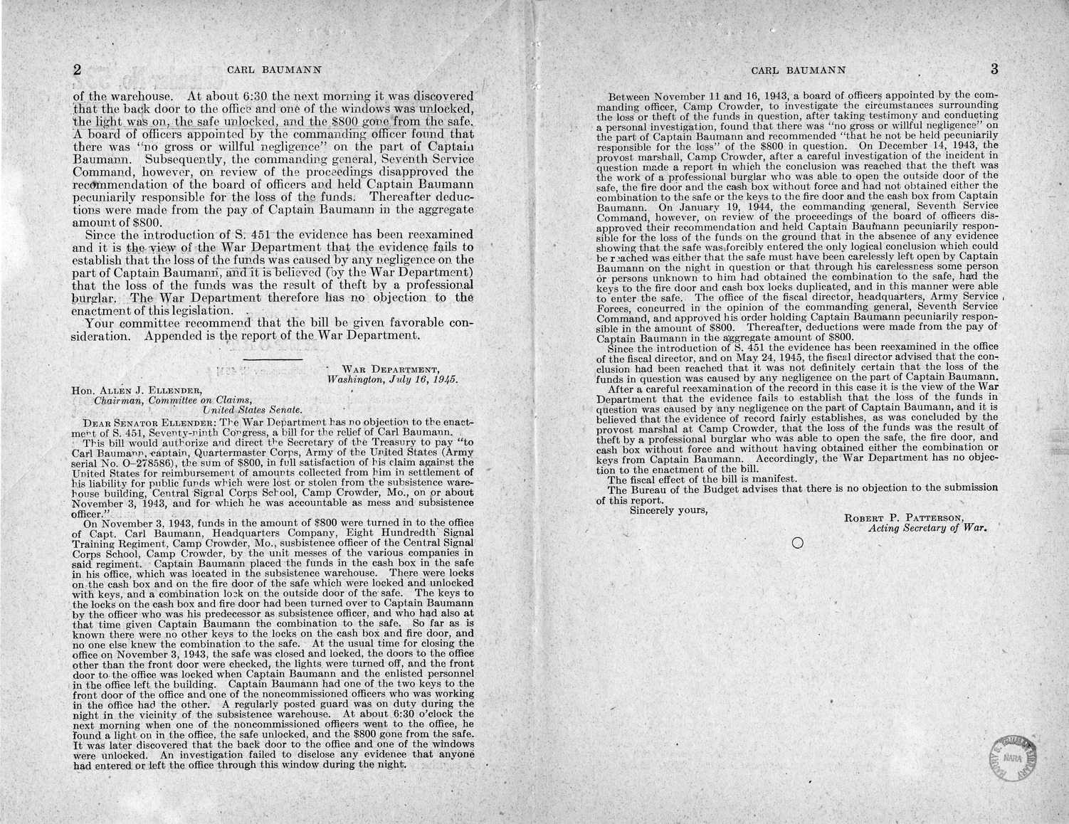 Memorandum from Frederick J. Bailey to M. C. Latta, S. 451, For the Relief of Carl Baumann, with Attachments