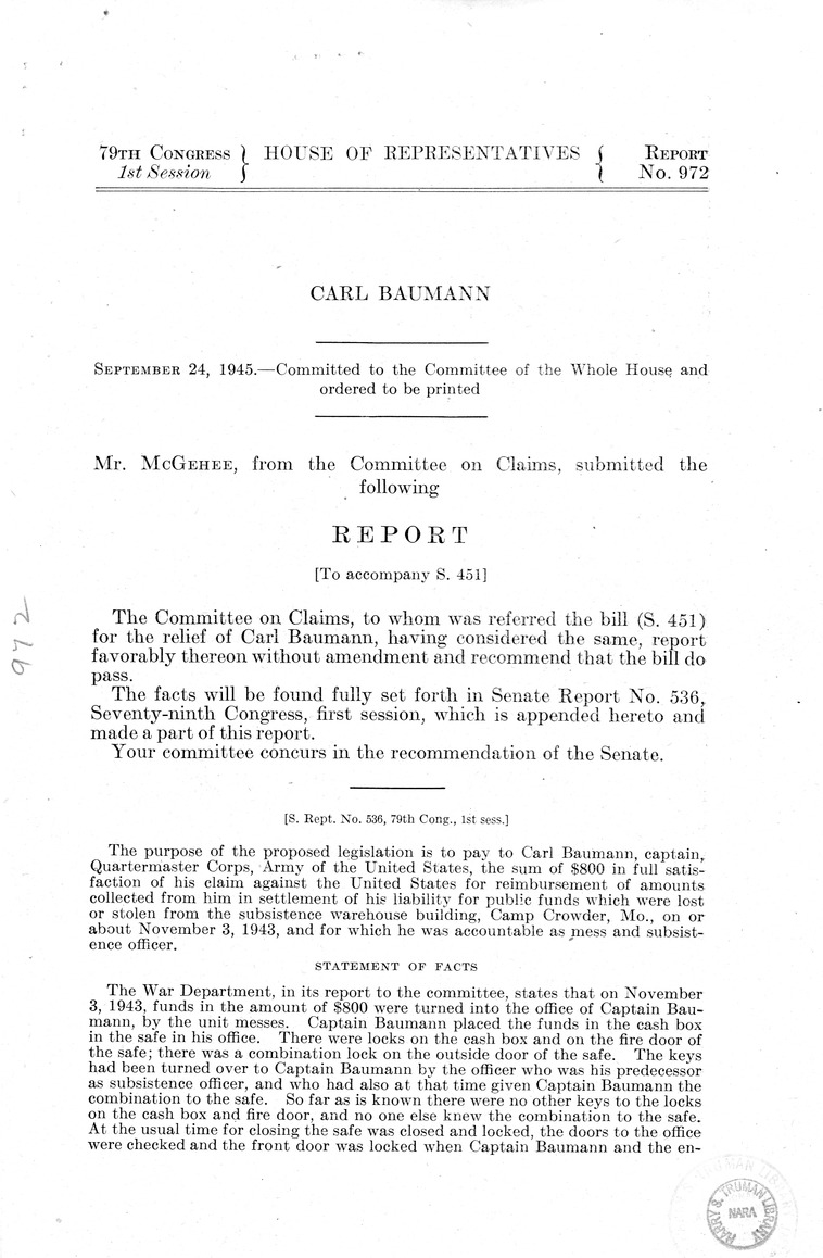 Memorandum from Frederick J. Bailey to M. C. Latta, S. 451, For the Relief of Carl Baumann, with Attachments