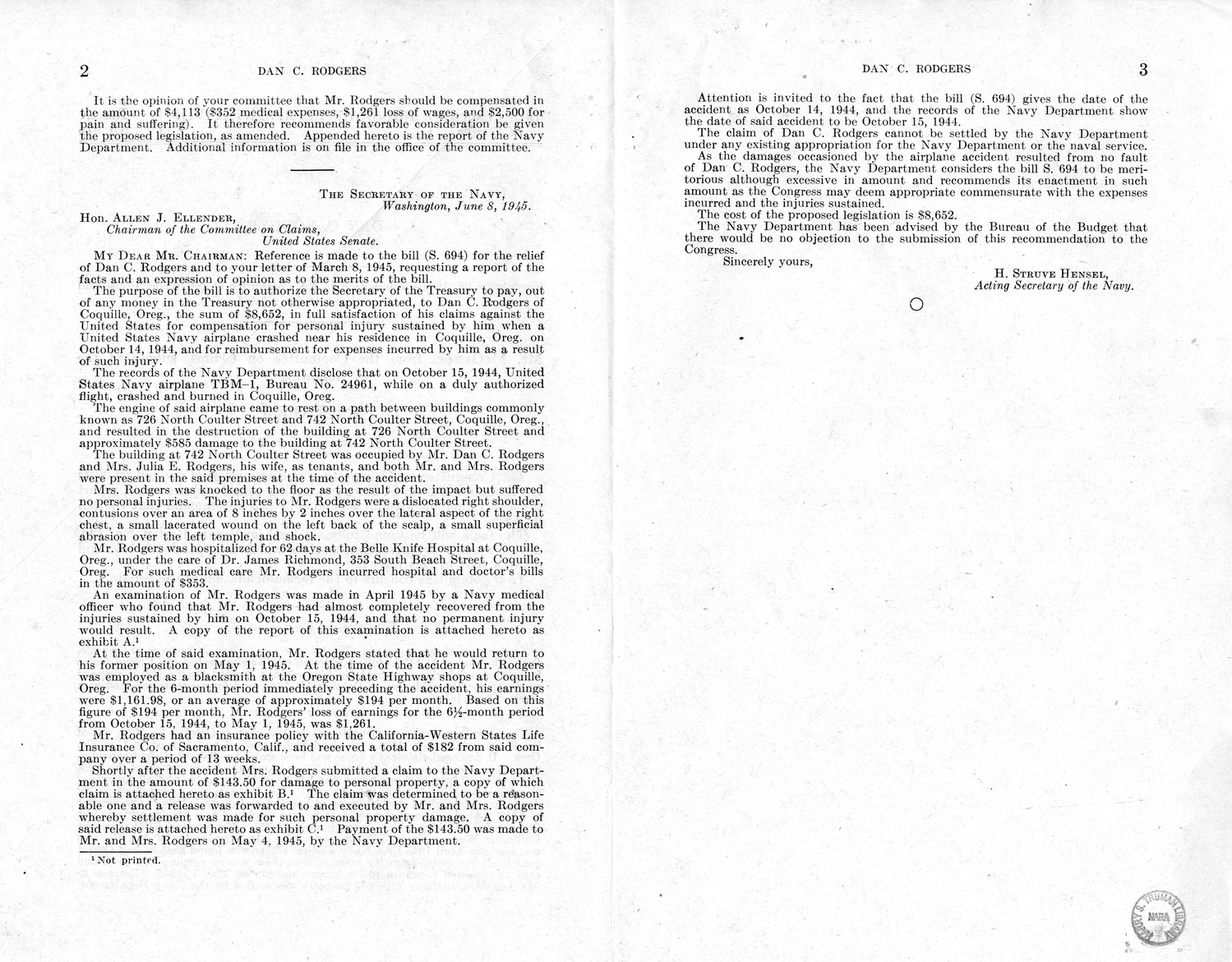 Memorandum from Frederick J. Bailey to M. C. Latta, S. 694, For the Relief of Dan C. Rodgers, with Attachments
