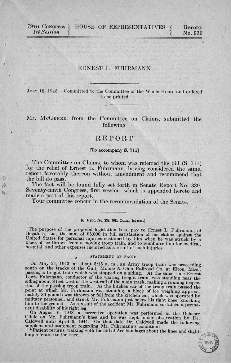 Memorandum from Frederick J. Bailey to M. C. Latta, S. 711, For the Relief of Ernest L. Fuhrmann, with Attachments