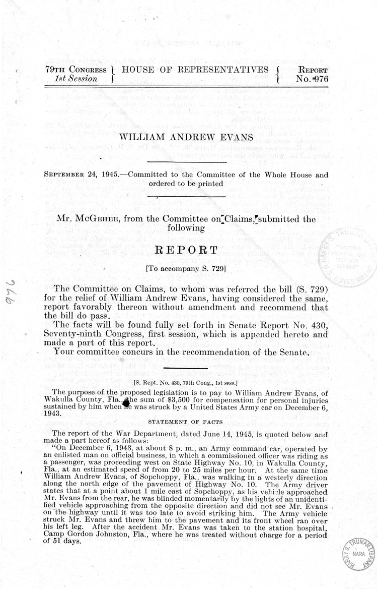 Memorandum from Frederick J. Bailey to M. C. Latta, S. 729, For the Relief of William Andrew Evans, with Attachments