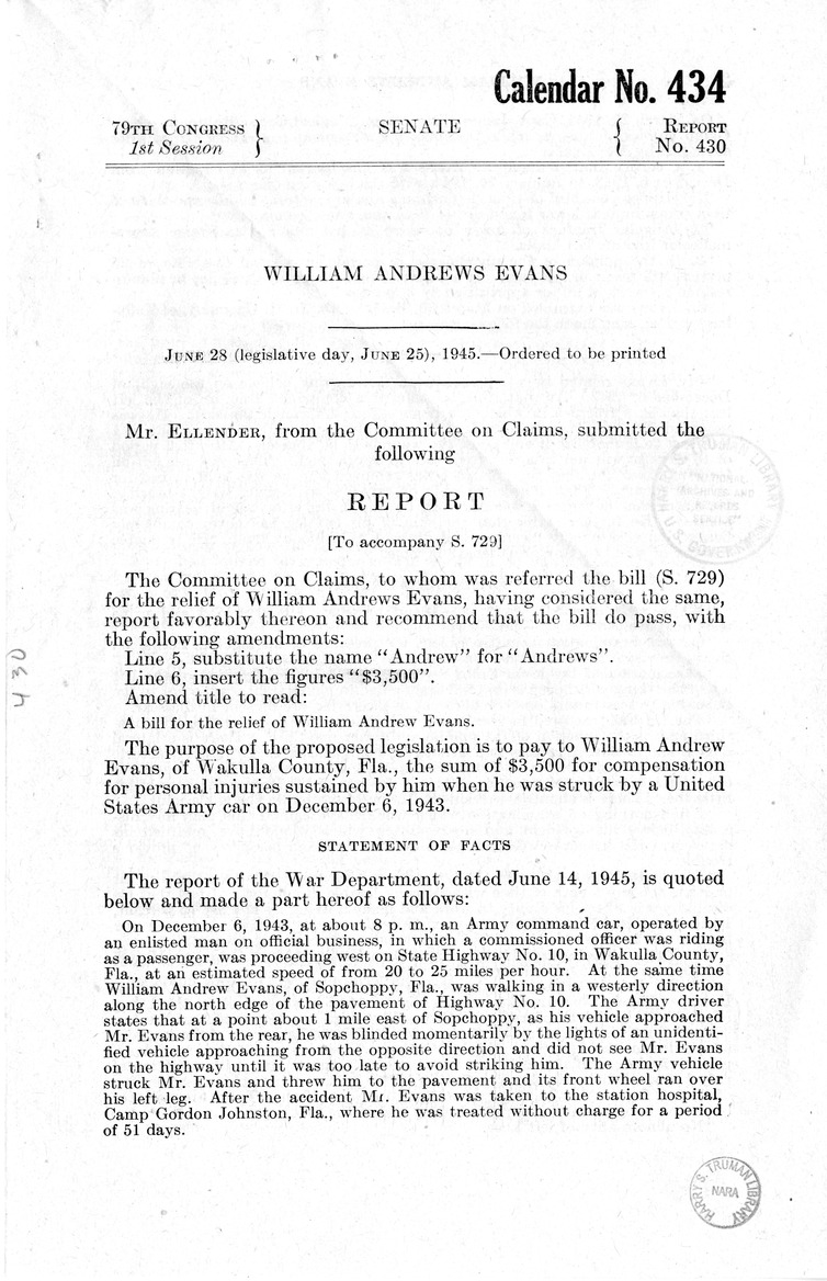 Memorandum from Frederick J. Bailey to M. C. Latta, S. 729, For the Relief of William Andrew Evans, with Attachments