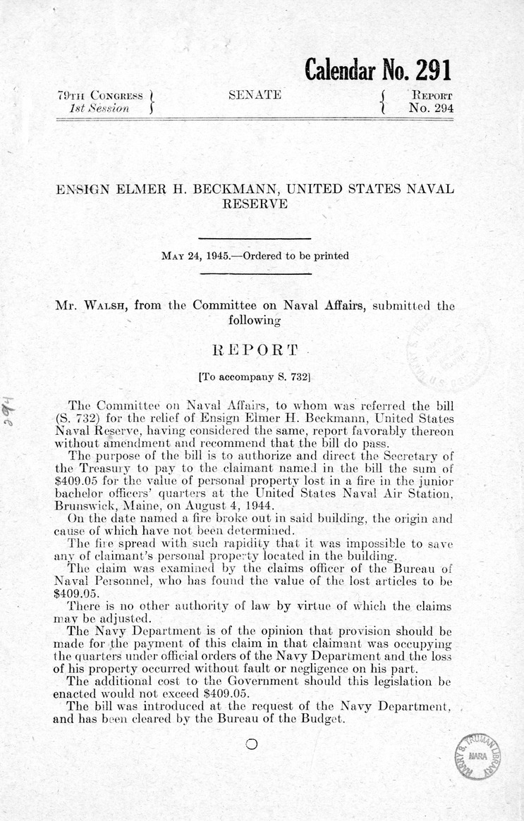Memorandum from Frederick J. Bailey to M. C. Latta, S. 732, For the Relief of Ensign Elmer H. Beckmann, United States Naval Reserve, with Attachments