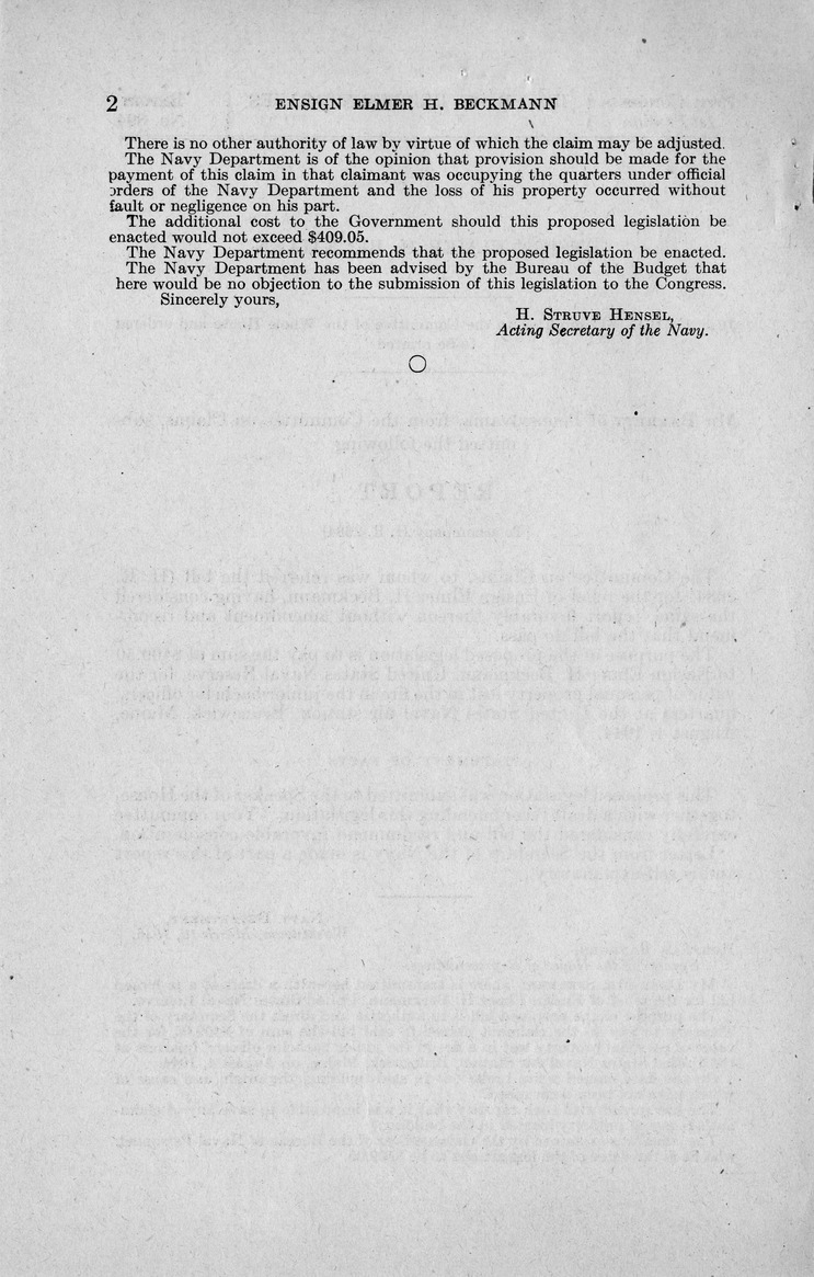 Memorandum from Frederick J. Bailey to M. C. Latta, S. 732, For the Relief of Ensign Elmer H. Beckmann, United States Naval Reserve, with Attachments