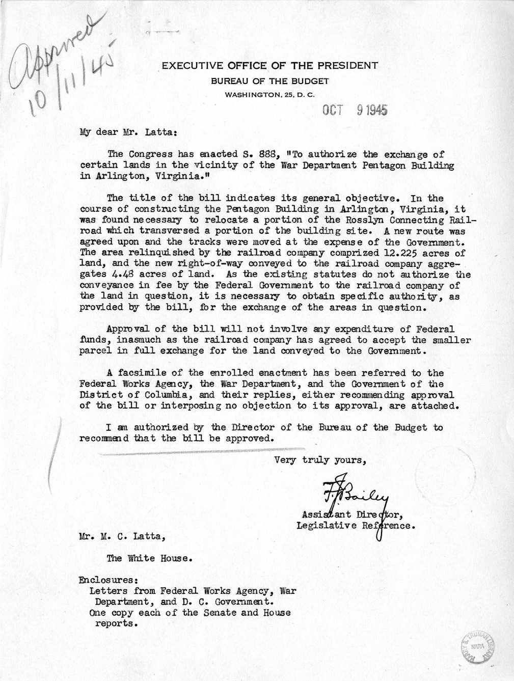 Memorandum from Frederick J. Bailey to M. C. Latta, S. 888, To Authorize the Exchange of Certain Lands in the Vicinity of the War Department Pentagon Building in Arlington, Virginia, with Attachments