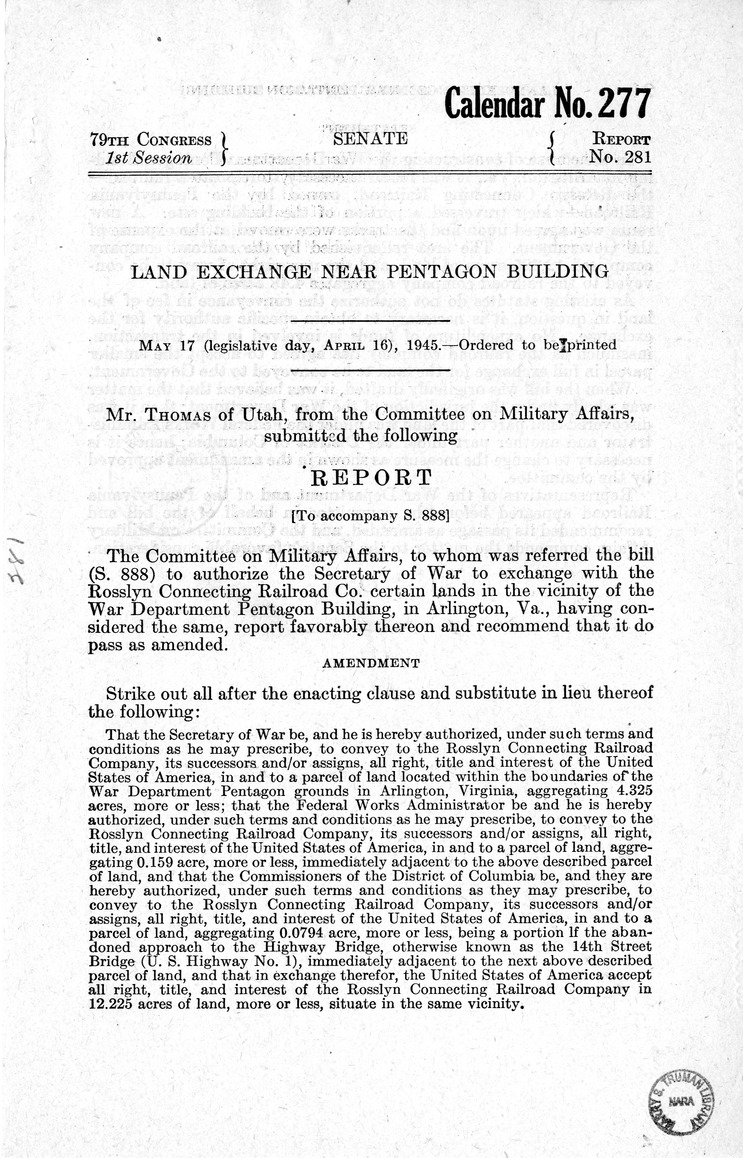 Memorandum from Frederick J. Bailey to M. C. Latta, S. 888, To Authorize the Exchange of Certain Lands in the Vicinity of the War Department Pentagon Building in Arlington, Virginia, with Attachments