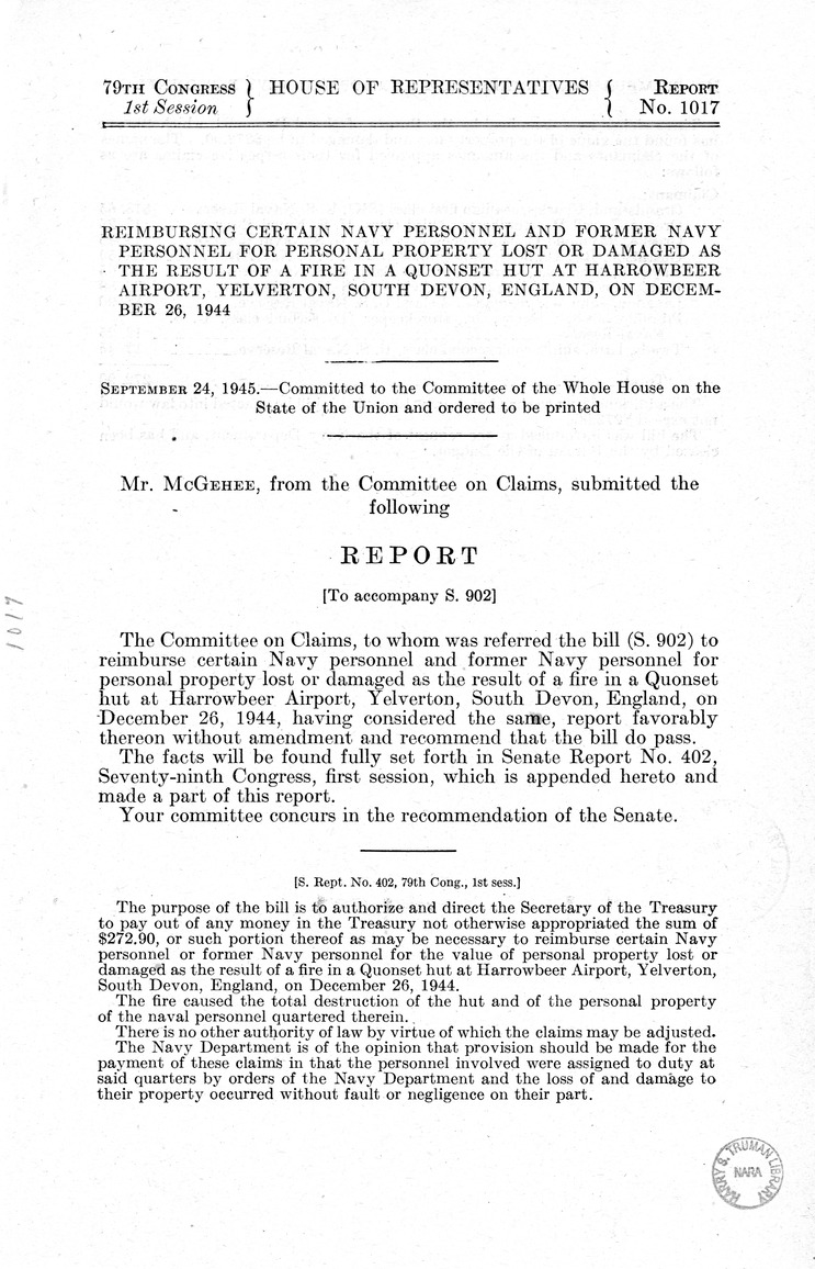 Memorandum from Frederick J. Bailey to M. C. Latta, S. 902, To Reimburse Certain Navy Personnel and Former Navy Personnel for Personal Property Lost or Damaged as a Result of a Fire in a Quonset Hut at Harrowbeer Airport, Yelverton, South Devon, England, 