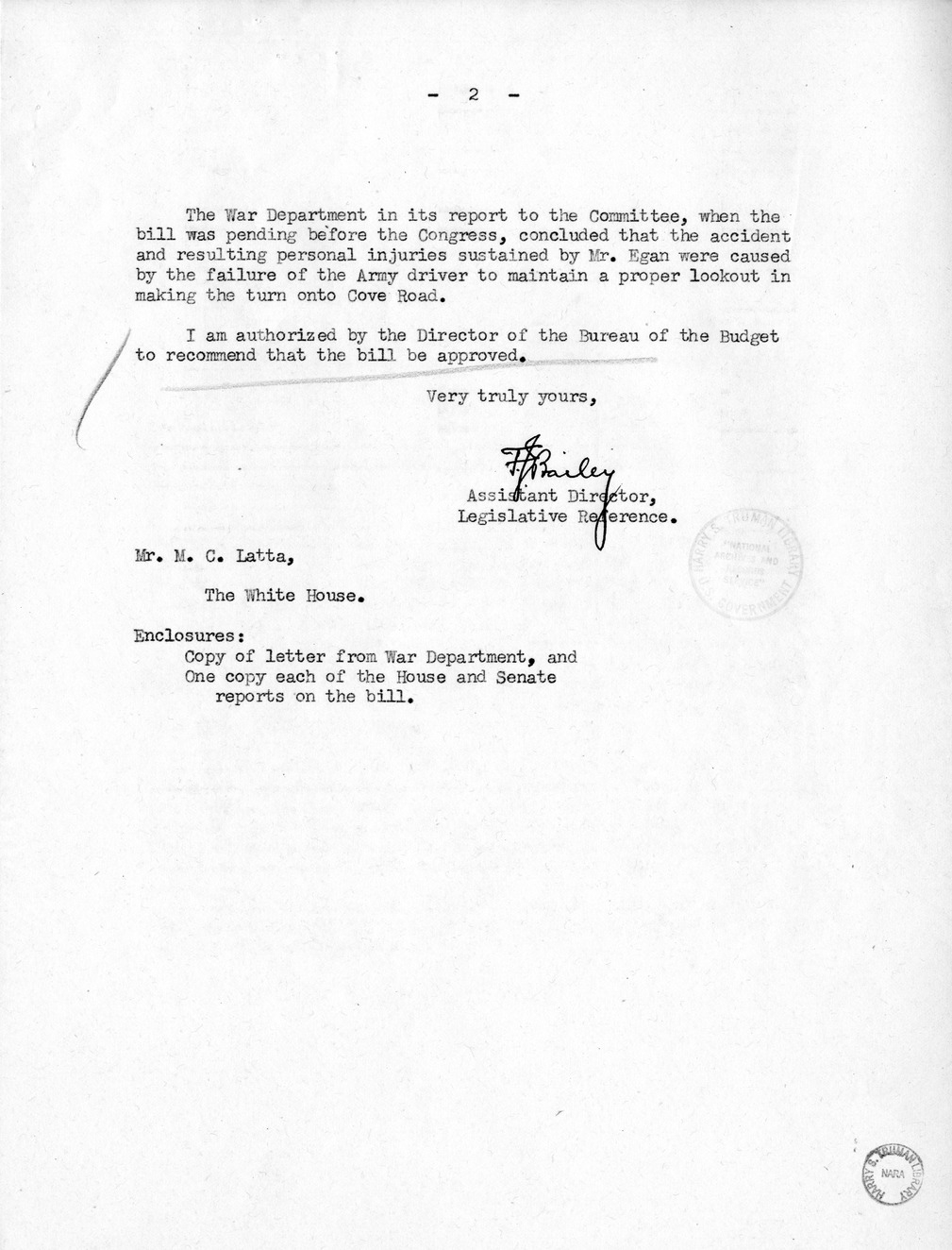 Memorandum from Frederick J. Bailey to M. C. Latta, S. 909, For the Relief of Hugh Egan, with Attachments