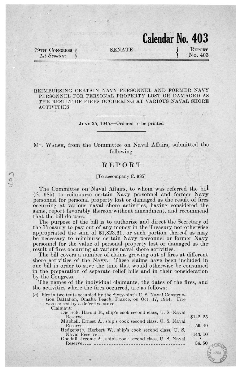 Memorandum from Frederick J. Bailey to M. C. Latta, S. 985, To Reimburse Certain Navy Personnel and Former Navy Personnel for Personal Property Lost or Damaged as the Result of Fires Occurring at Various Naval Shore Activities, with Attachments