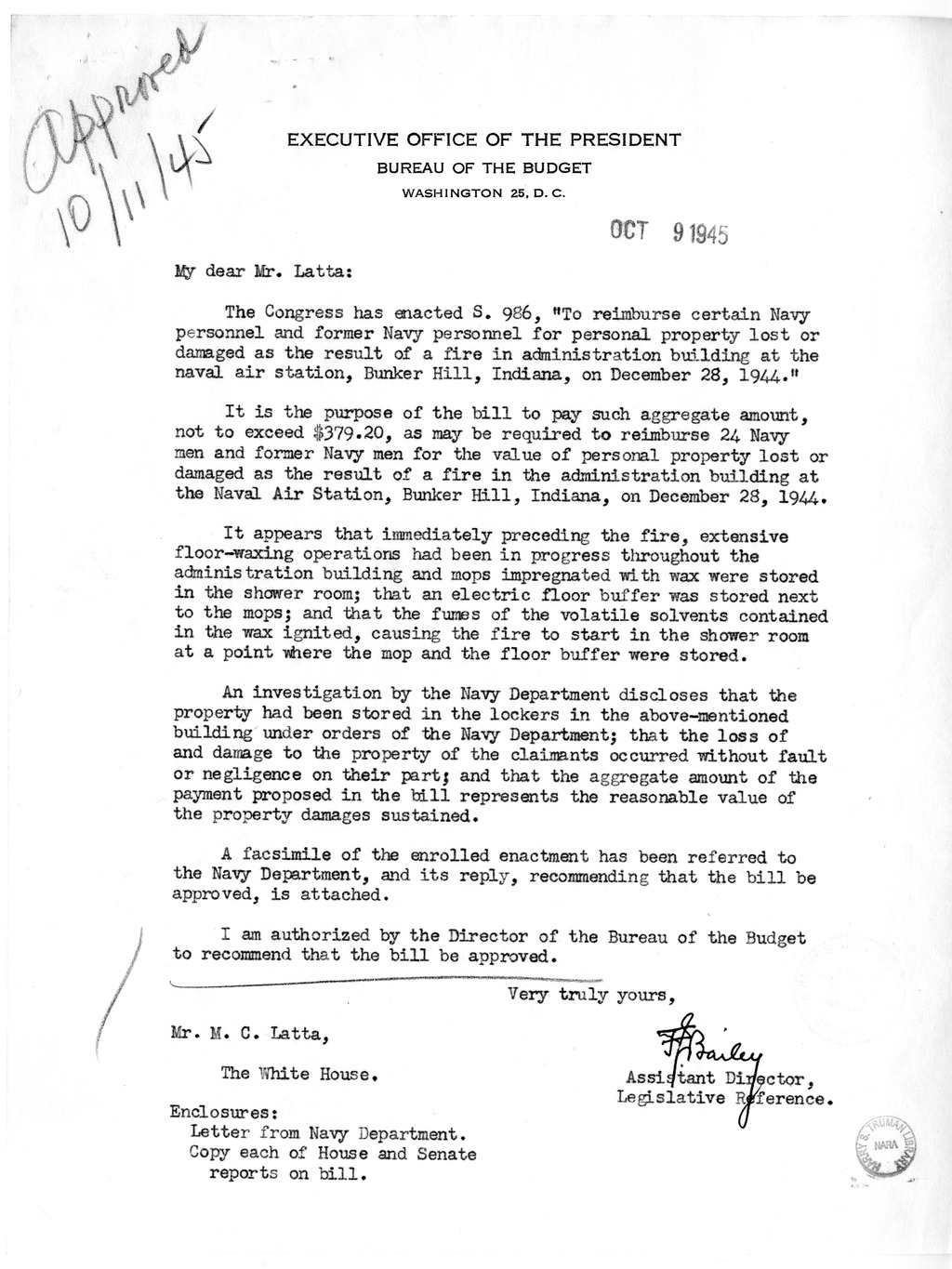 Memorandum from Frederick J. Bailey to M. C. Latta, S. 986, To Reimburse Certain Navy Personnel and Former Navy Personnel for Personal Property Lost or Damaged as the Result of a Fire in Administrative Building at the Naval Air Station, Bunker Hill, India