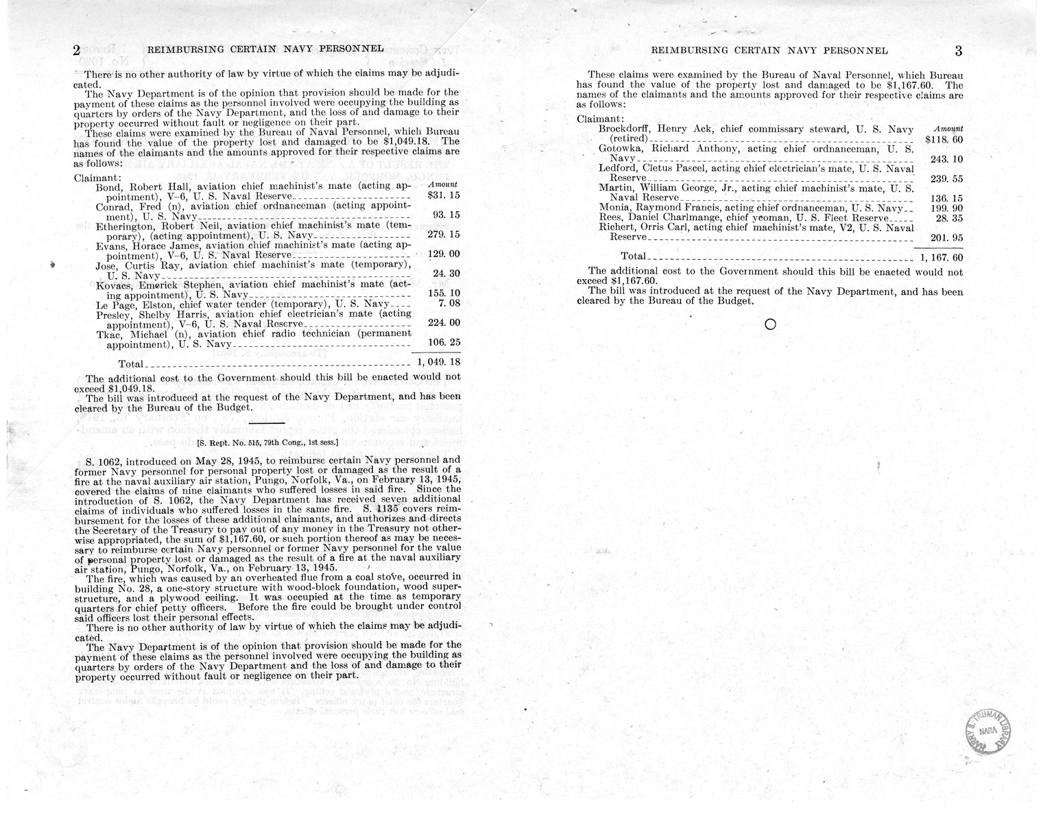 Memorandum from Frederick J. Bailey to M. C. Latta, S. 1062, To Reimburse Certain Navy Personnel and Former Navy Personnel for Personal Property Lost or Damaged as the Result of a Fire at the Naval Auxiliary Air Station, Pungo, Norfolk, Virginia, on Febru