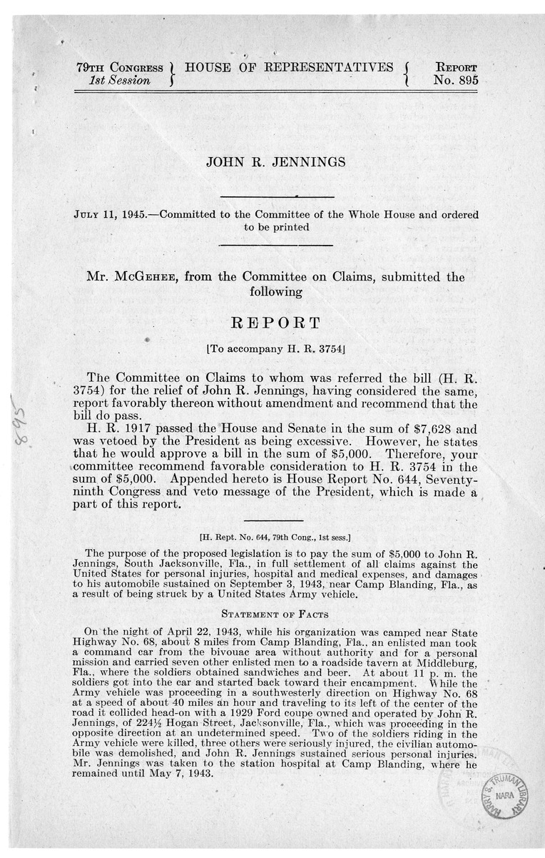 Memorandum from Frederick J. Bailey to M. C. Latta, S. 1265, For the Relief of John R. Jennings, with Attachments