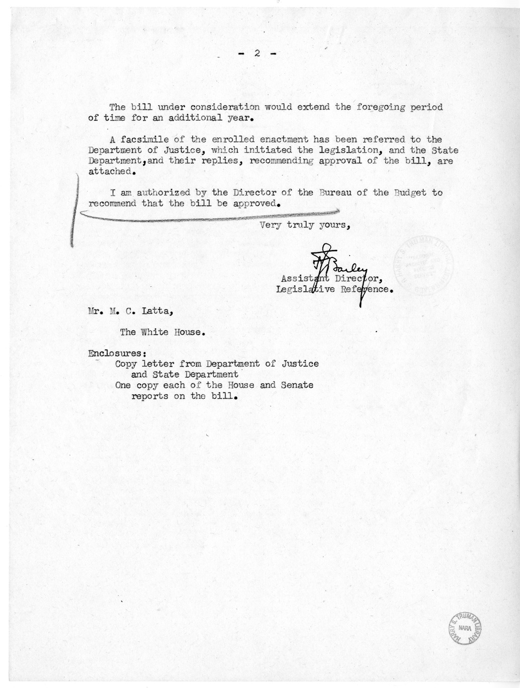 Memorandum from Frederick J. Bailey to M. C. Latta, H.R. 3466, To Amend the Nationality Act of 1940 to Preserve the Nationality of Citizens Residing Abroad, with Attachments