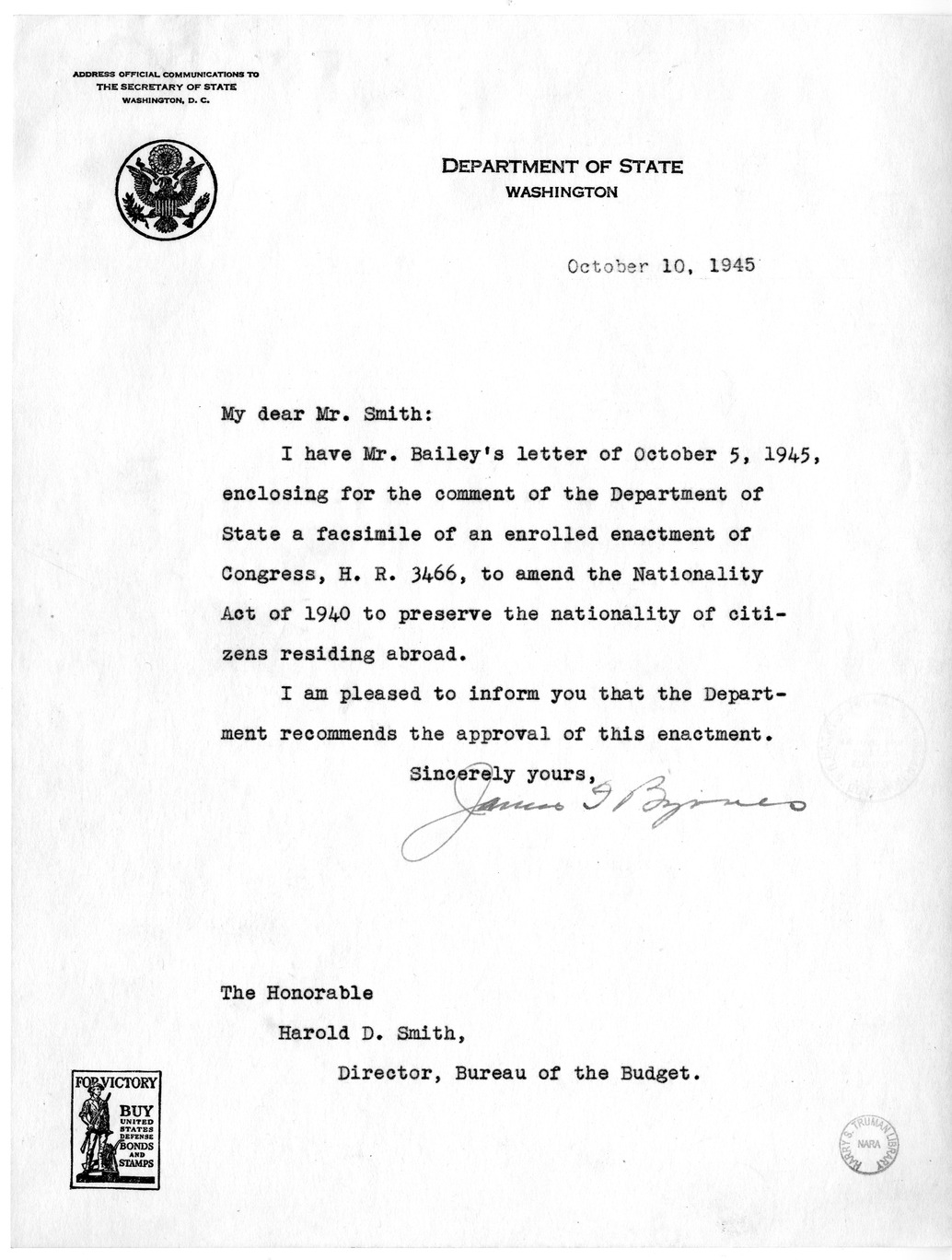 Memorandum from Frederick J. Bailey to M. C. Latta, H.R. 3466, To Amend the Nationality Act of 1940 to Preserve the Nationality of Citizens Residing Abroad, with Attachments
