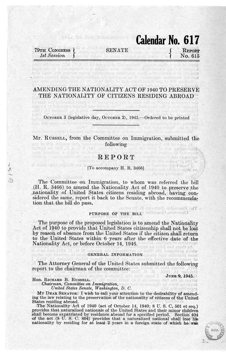 Memorandum from Frederick J. Bailey to M. C. Latta, H.R. 3466, To Amend the Nationality Act of 1940 to Preserve the Nationality of Citizens Residing Abroad, with Attachments