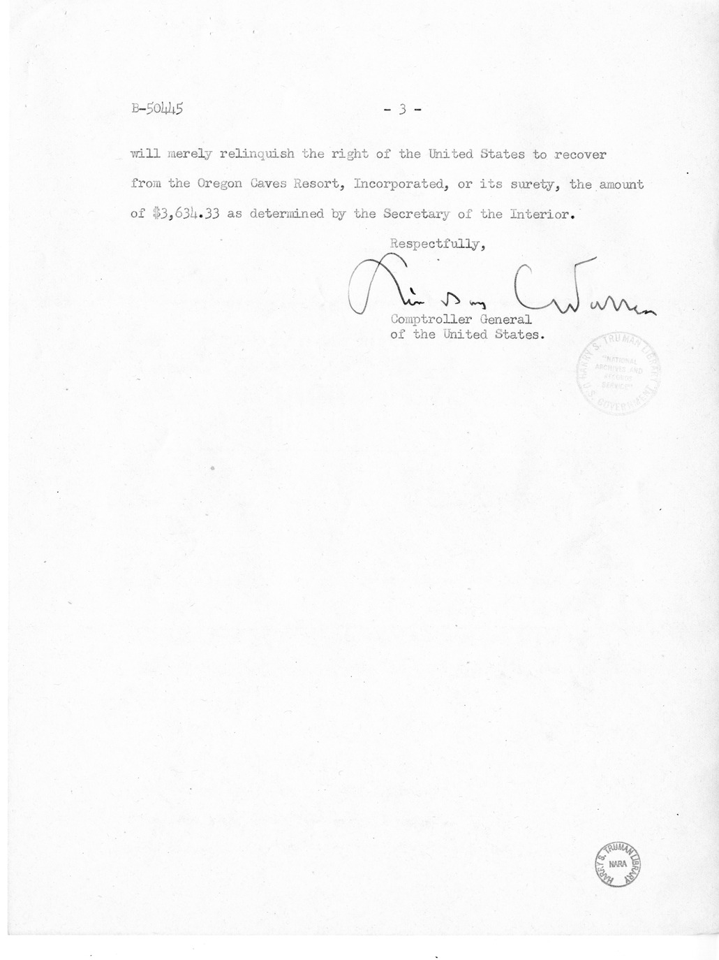 Memorandum from Paul H. Appleby to M. C. Latta, S. 136, For the Relief of the Oregon Caves Resort, with Attachments
