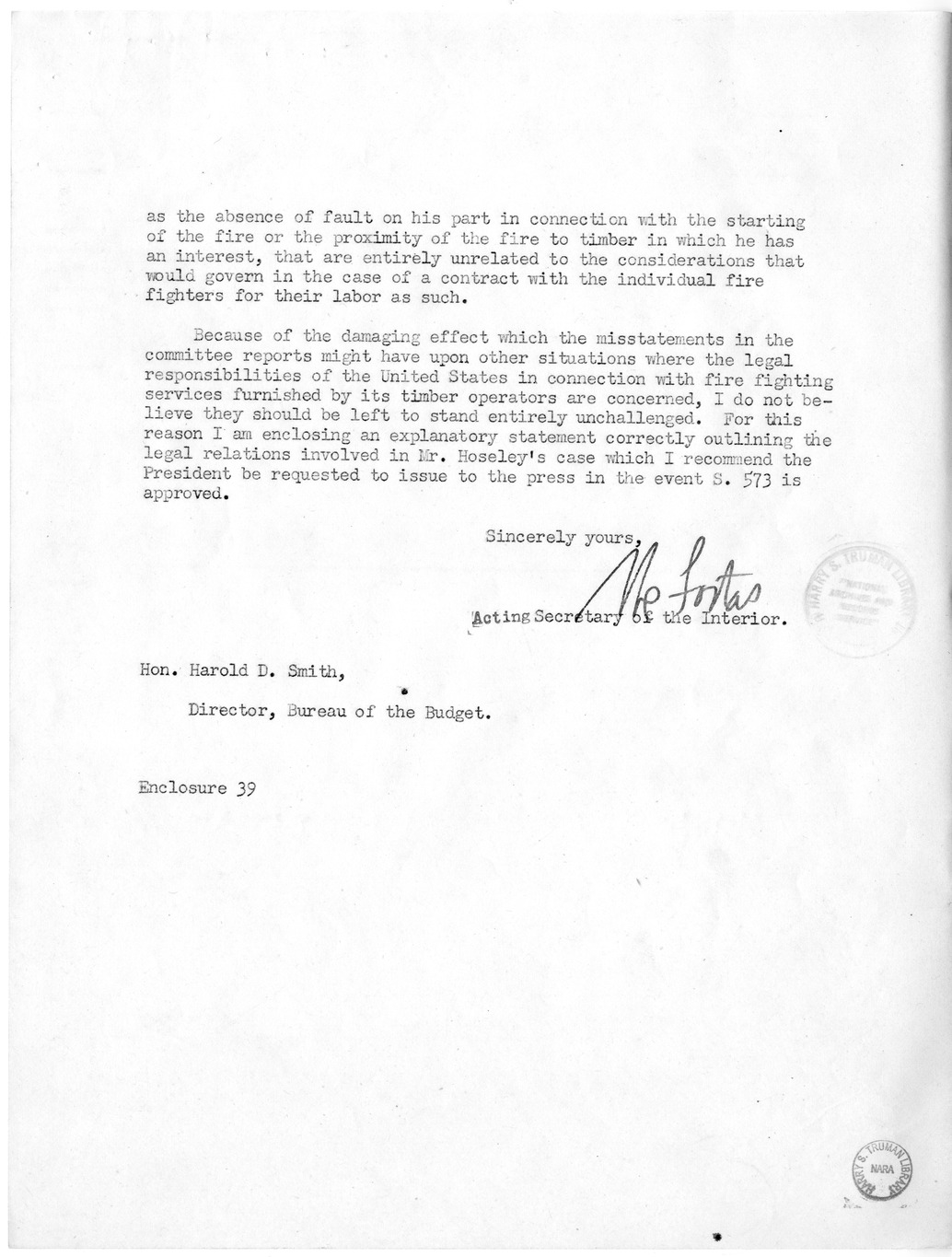 Memorandum from Harold D. Smith to M. C. Latta, S. 573, For the Relief of Lee D. Hoseley, with Attachments