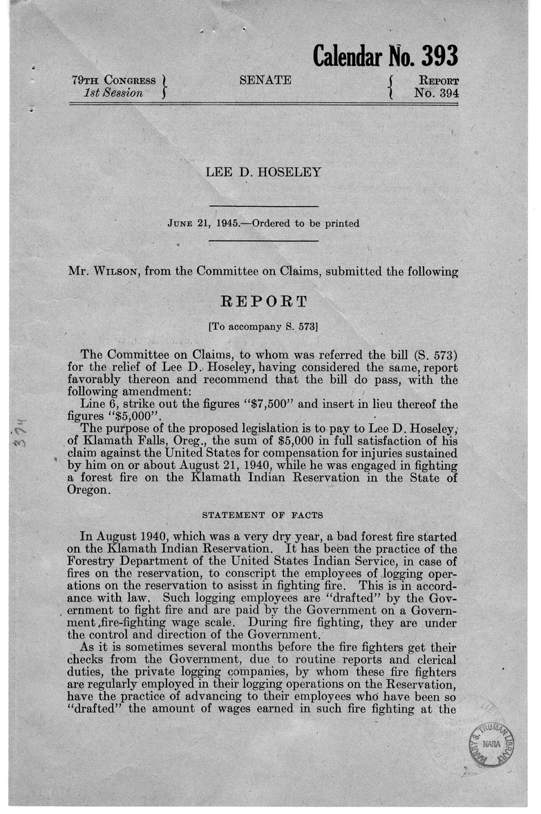 Memorandum from Harold D. Smith to M. C. Latta, S. 573, For the Relief of Lee D. Hoseley, with Attachments