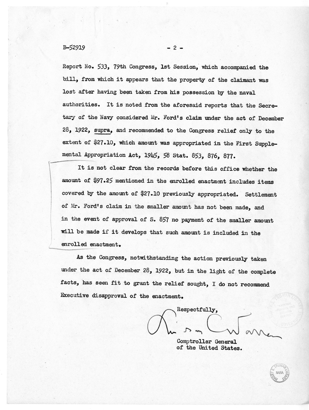 Memorandum from Paul H. Appleby to M. C. Latta, H.R. 857, For the Relief of Raymond W. Ford, with Attachments